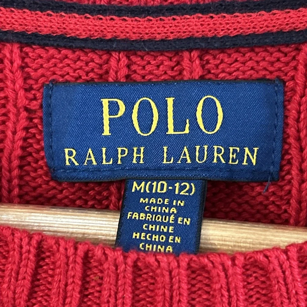 Polo Ralph Lauren Boys Cable Knit Crew Neck Sweater Christmas Red Sz Med 10-12